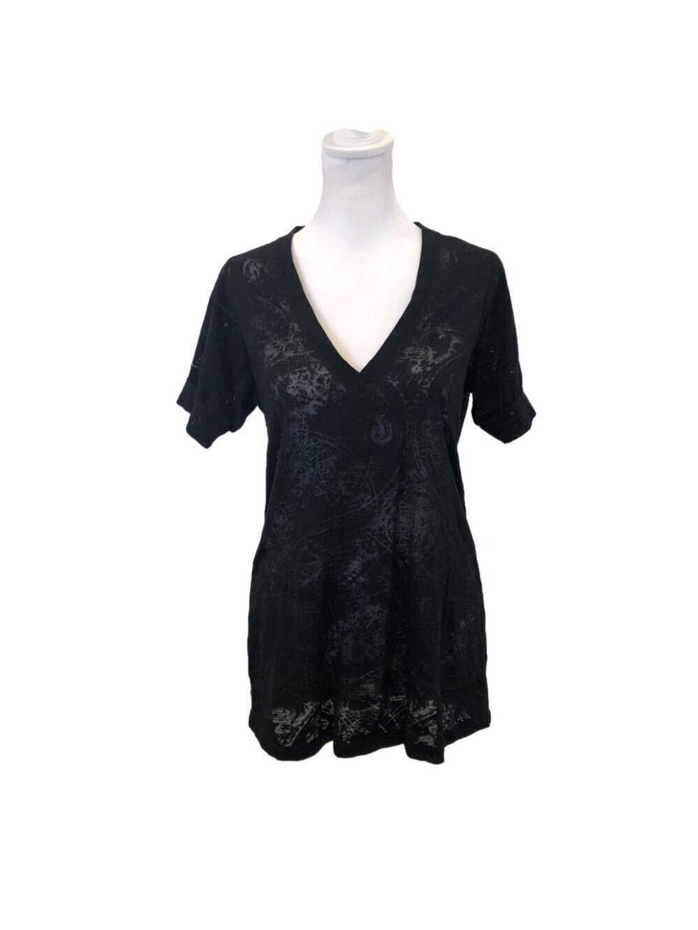 BCBGMaxAzria Size L black burnout short sleeve v-neck ladies top.